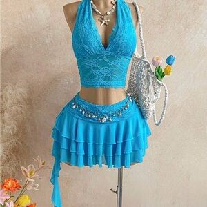 Lace Halter Crop Top & Tiered Ruffle Skirt Set - Turquoise